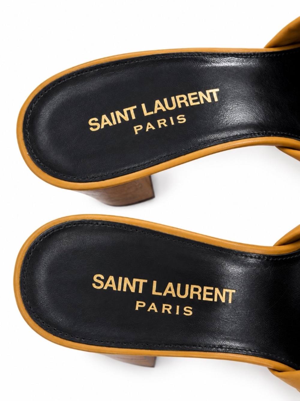 Saint Laurent YSL Mustard Leather Knot Wood Heel Mules Sandals Size 37.5 - Picture 4 of 9